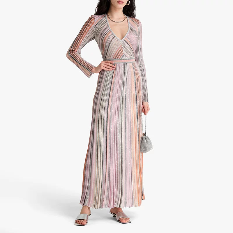Women's long sleeve V-neck knitted dress