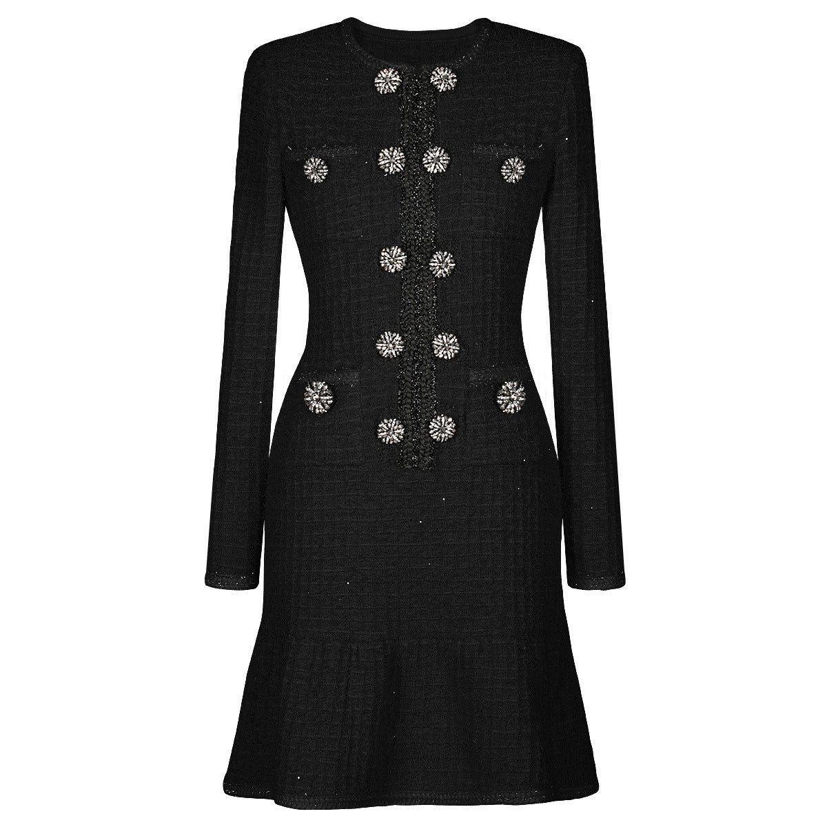 Women's Black Beaded Long Sleeve Knit Dress