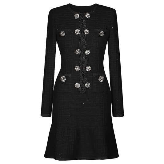 Women's Black Beaded Long Sleeve Knit Dress