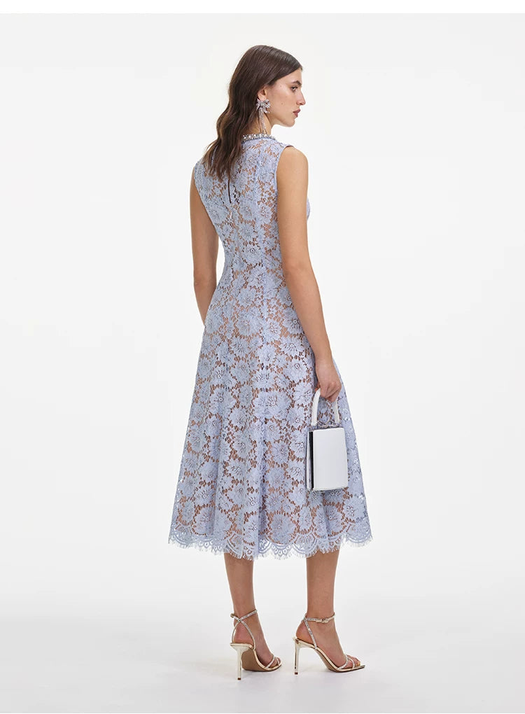 Blue lace hollow out elegant women's dress
