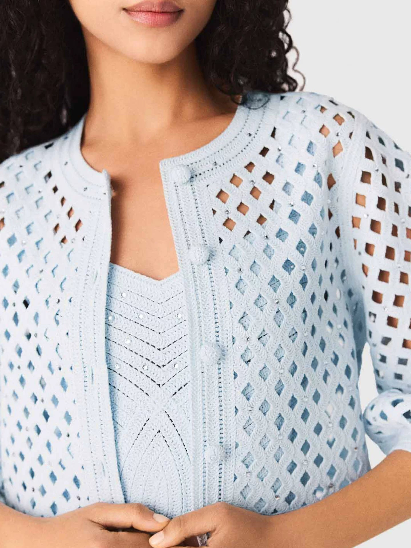Women's Blue Openwork Diamond-Embedded Two-Piece Set