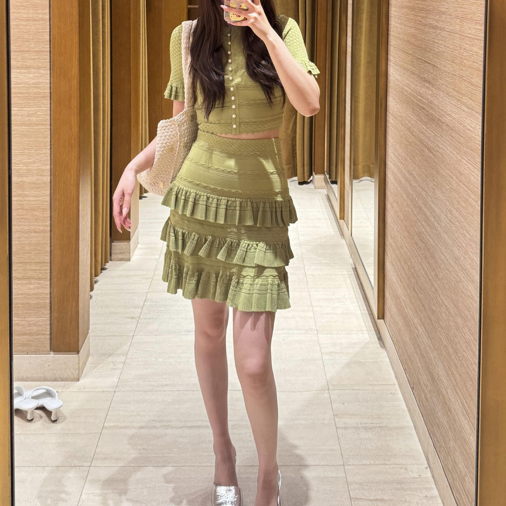 Women's green knitted casual two-piece suit