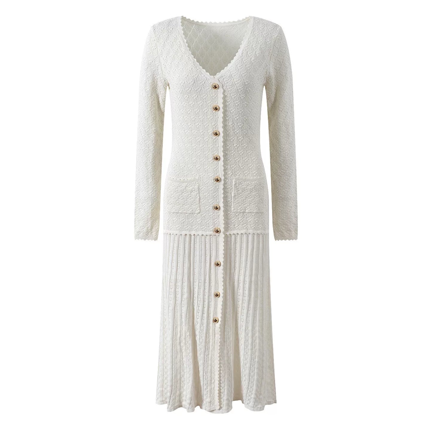 Women's white V-neck extended knitted dress