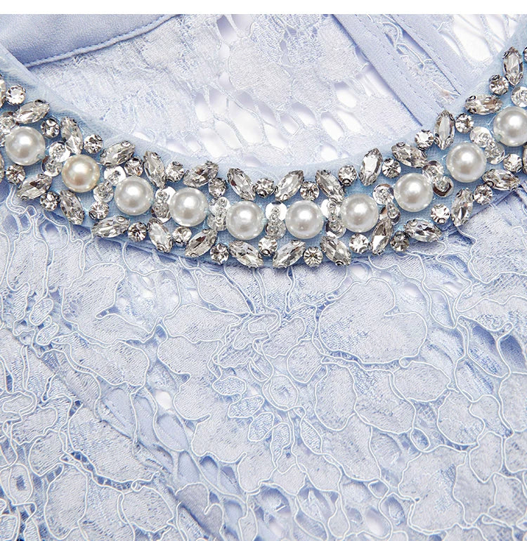 Blue lace hollow out elegant women's dress