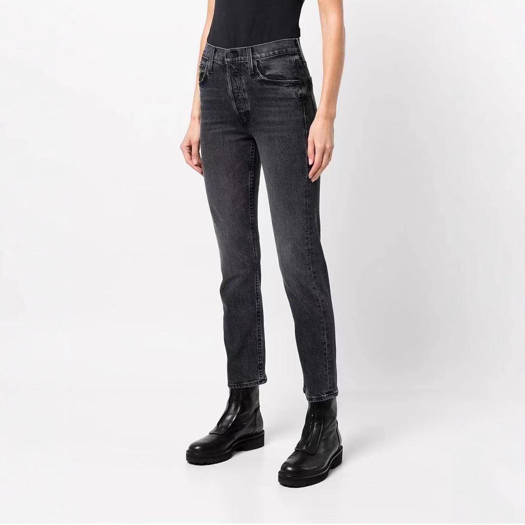 Women's casual straight-leg slim-fit cropped jeans