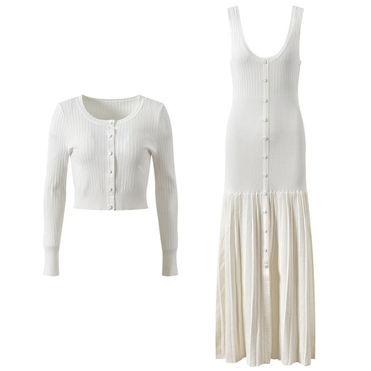 Women's casual and elegant two-piece set with cardigan and dress