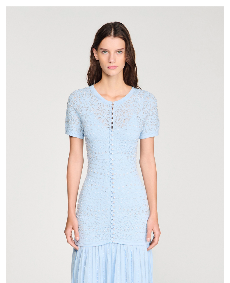 Women's lace openwork pearl short-sleeved dress