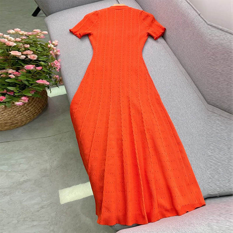 Women's Red Short Sleeve Single Row Buttoned Fitted Knit Dress