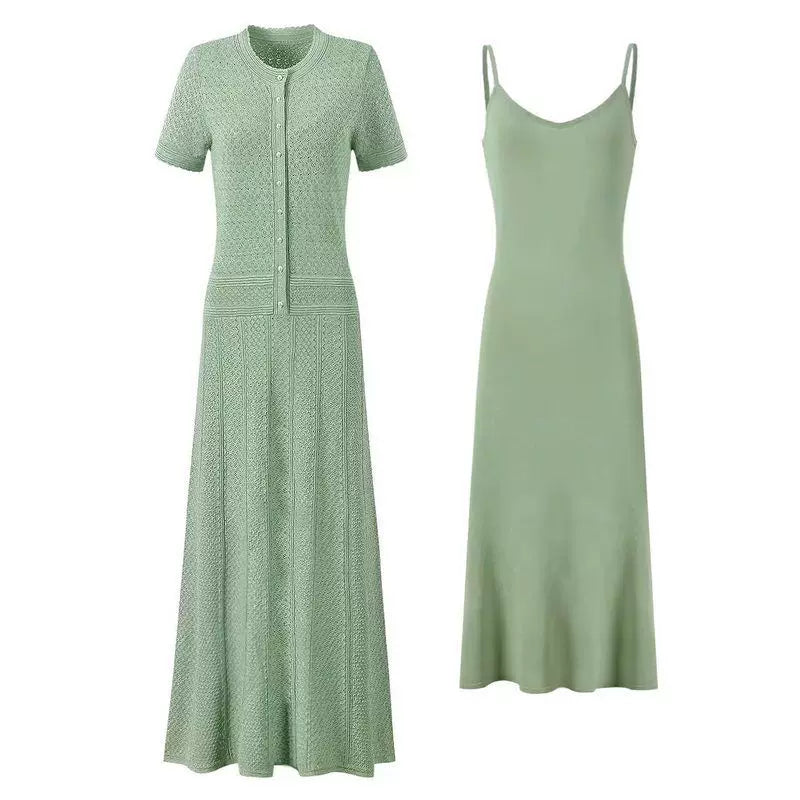 Women's Green Pearl Knitted Dress