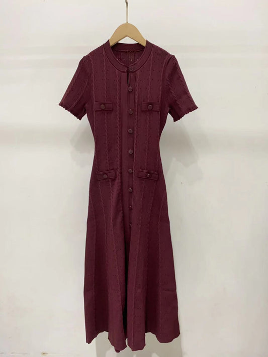 Women's high quality short sleeve lapel knitted slim fit dress