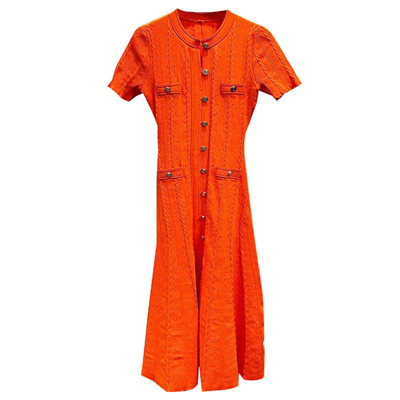 Women's Red Short Sleeve Single Row Buttoned Fitted Knit Dress