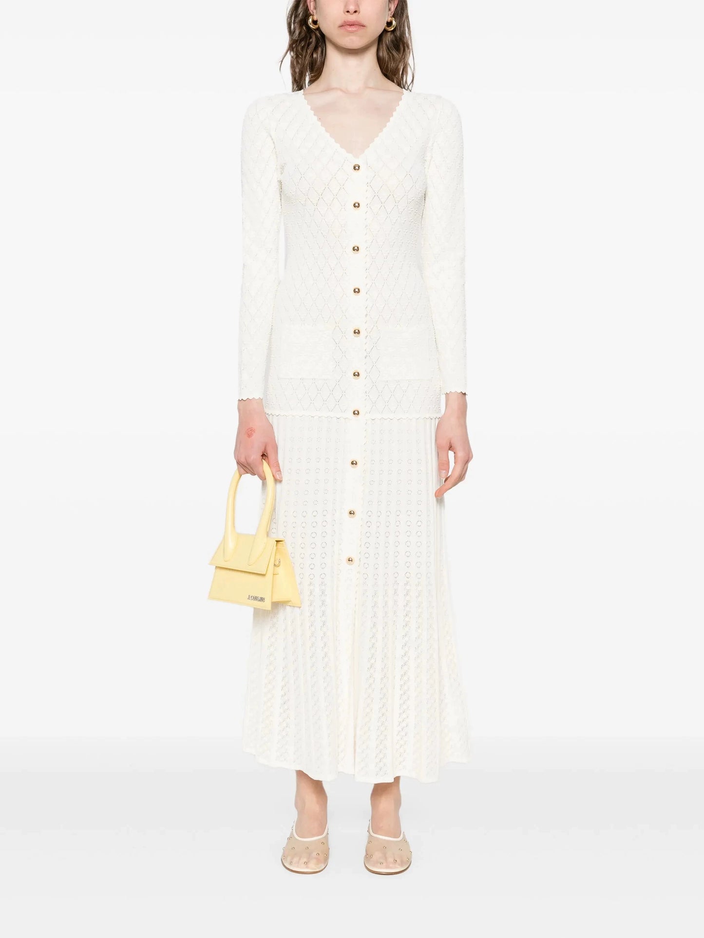 Women's white V-neck extended knitted dress
