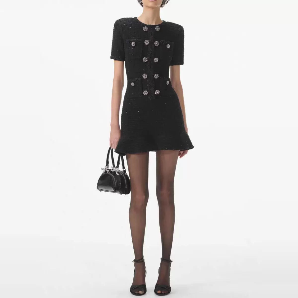 Women's High Quality Black Diamond Short Sleeve Dress