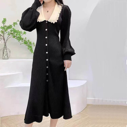 Womens Black Lapel Knit Long Sleeve Party Dress