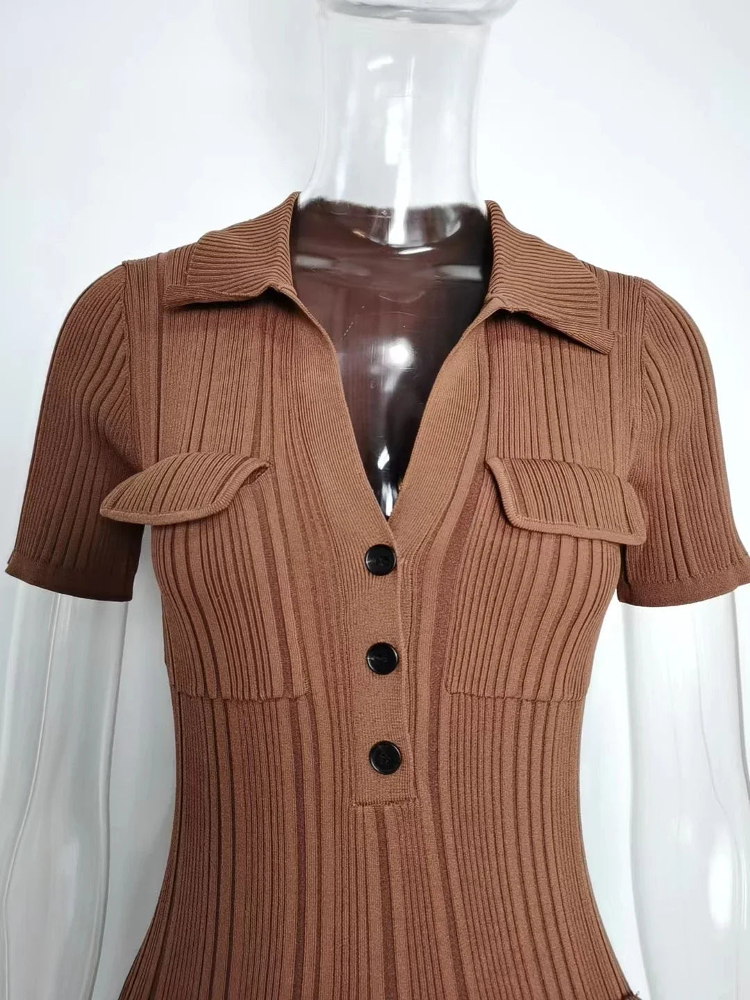 Short Sleeve Maxi Long Brown Knitted Vinatge Women Dress