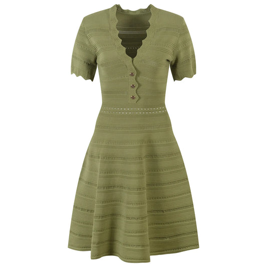 V-neckline Short Sleeve Fit And Flare Women Solid Short Mini Knits Dress