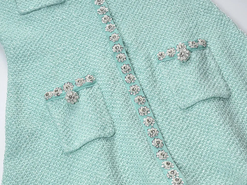 O-neck Short Sleeve Rhinestone Beads Wear Women Knit Mini Sequined A-line Dress
