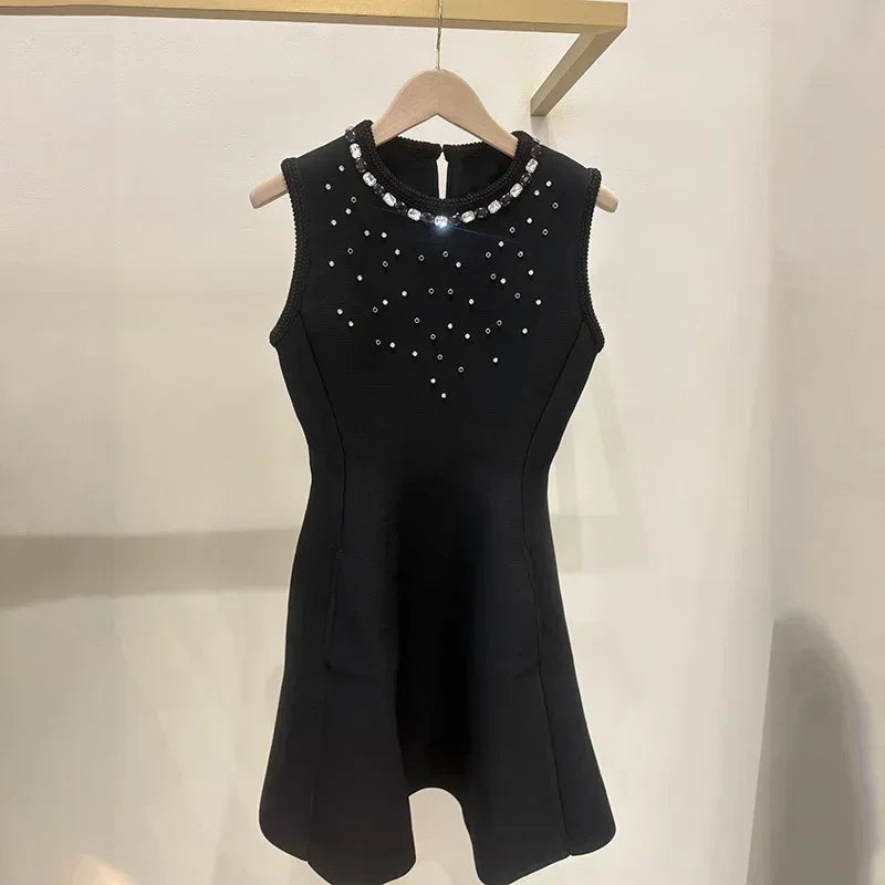Women Black Diamond O-Neck Mini Dress 2025 Autumn Sleeveless Lady High Waist A-Line Short Robe