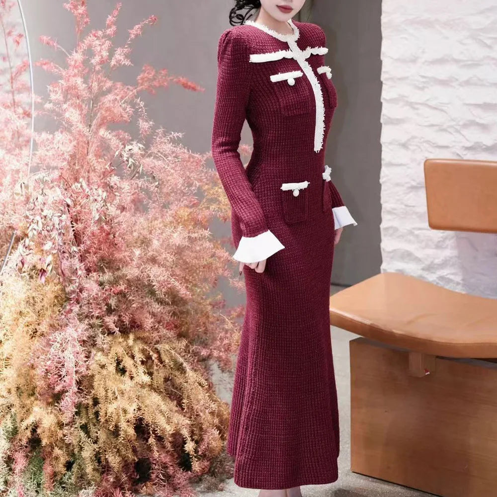 2025 Burgundy Knitted Slim Fit Long-Sleeved Women's Dress, Round Neck, Elegant Chic Woman Evening Dress