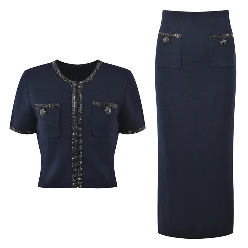 O-neck Short Sleeve Single-breasted Cardigan Long Skirt Women Solid Knit 2Pcs