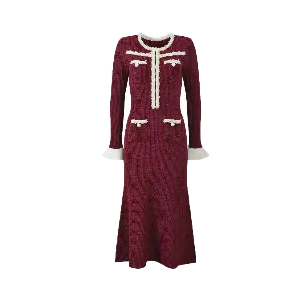 2025 Burgundy Knitted Slim Fit Long-Sleeved Women's Dress, Round Neck, Elegant Chic Woman Evening Dress
