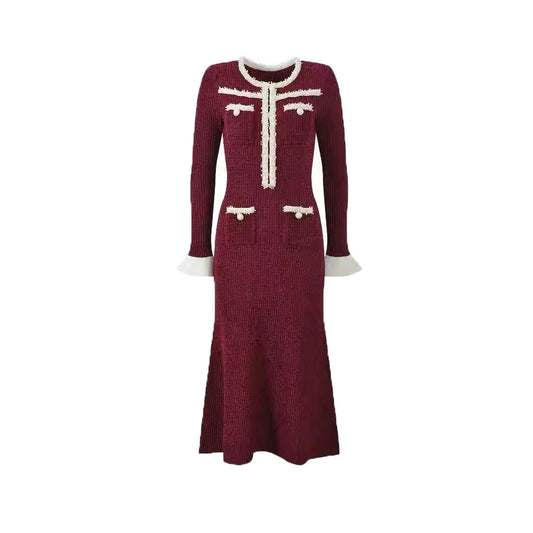 2025 Burgundy Knitted Slim Fit Long-Sleeved Women's Dress, Round Neck, Elegant Chic Woman Evening Dress