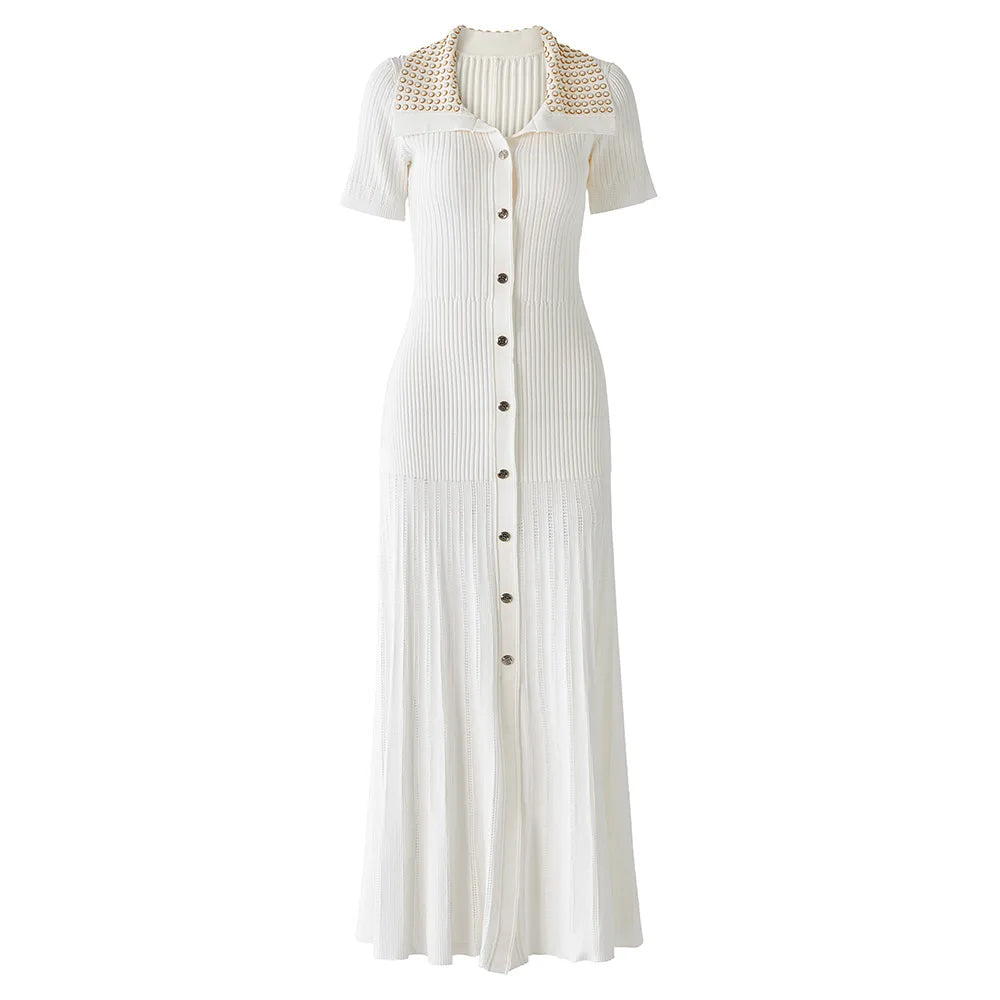 Short Sleeve Women Knit Slim Fitted Flared Hem Maxi Dress