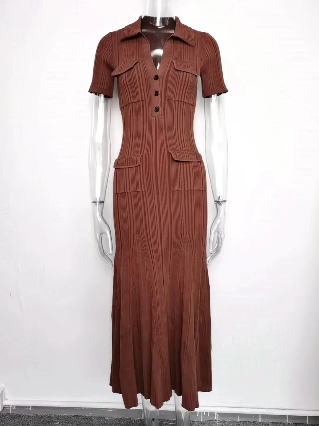 Short Sleeve Maxi Long Brown Knitted Vinatge Women Dress
