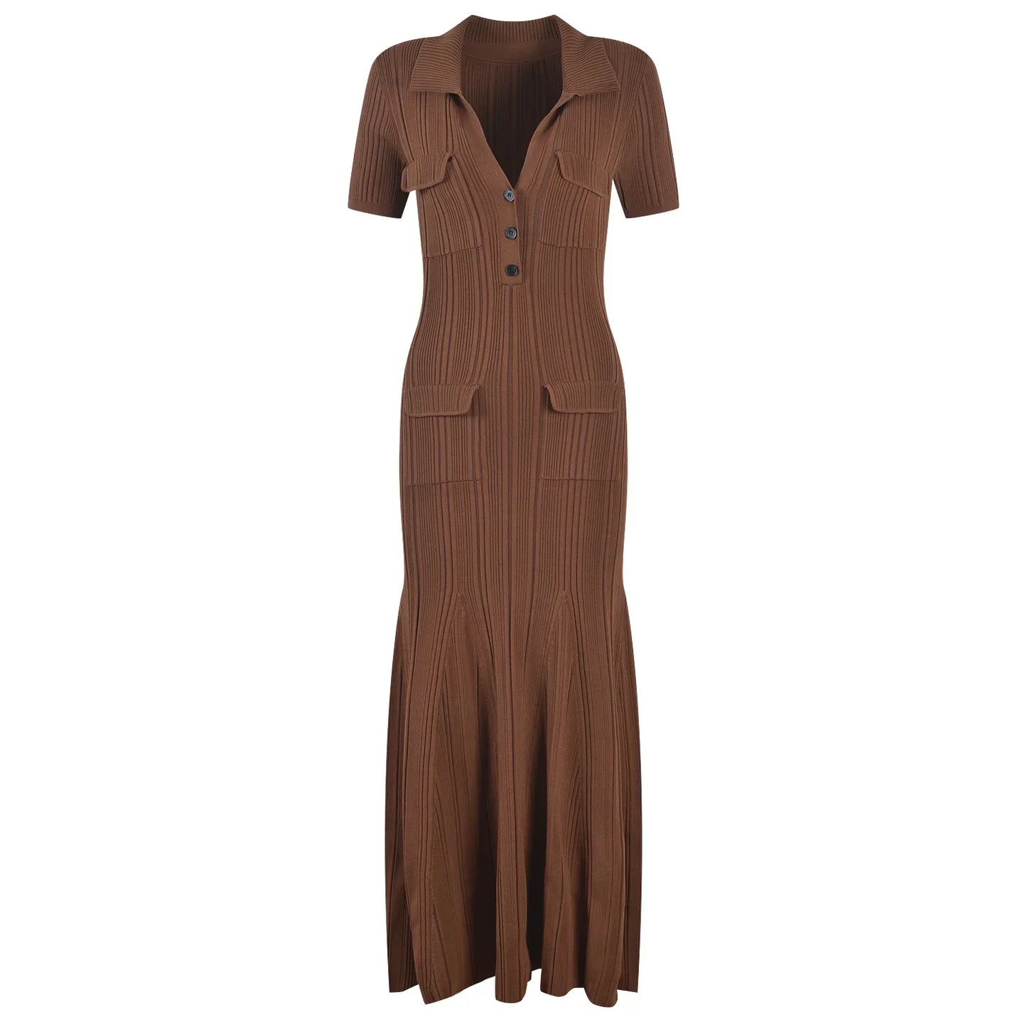 Short Sleeve Maxi Long Brown Knitted Vinatge Women Dress