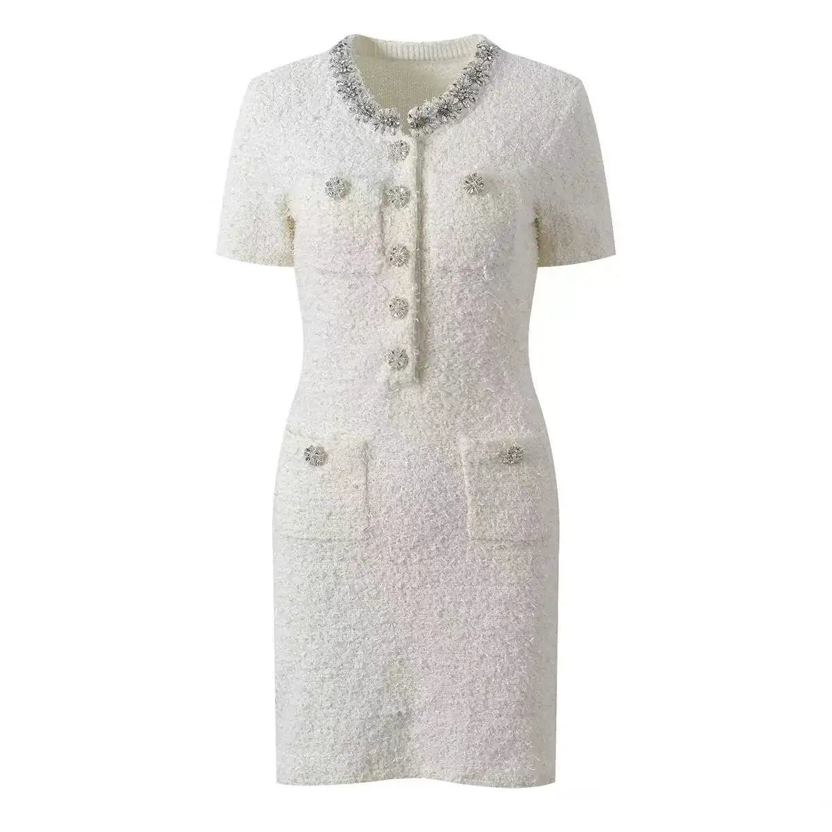 Women's short sleeved round neck diamond studded mini dress