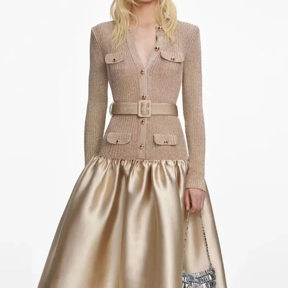 Women's Fitted Patchwork Knit Dress with Belt, Elegant Evening Party Luxury Dress