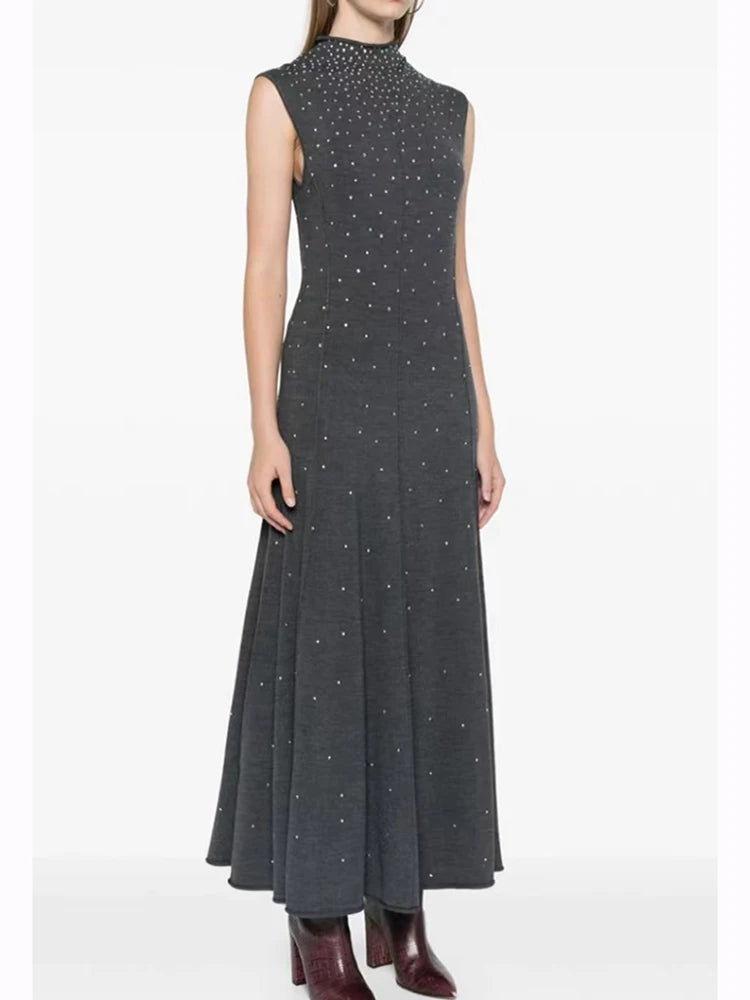 Women's gray diamond inlaid elegant slim fit dress