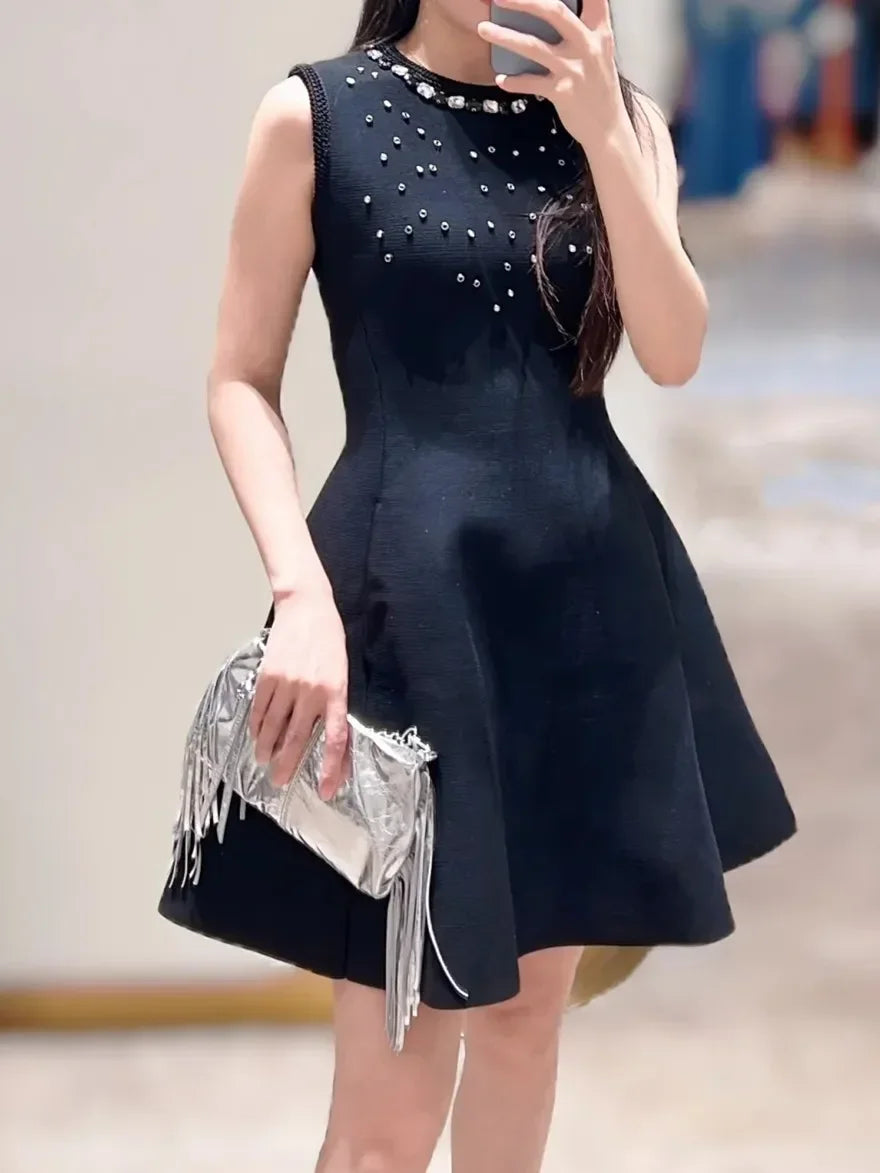 Women Black Diamond O-Neck Mini Dress 2025 Autumn Sleeveless Lady High Waist A-Line Short Robe