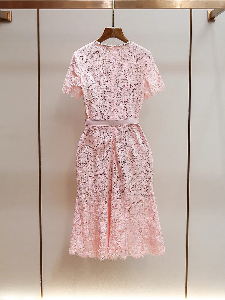 Women's pink lace dress short sleeves bow diamond elegant midi robe
