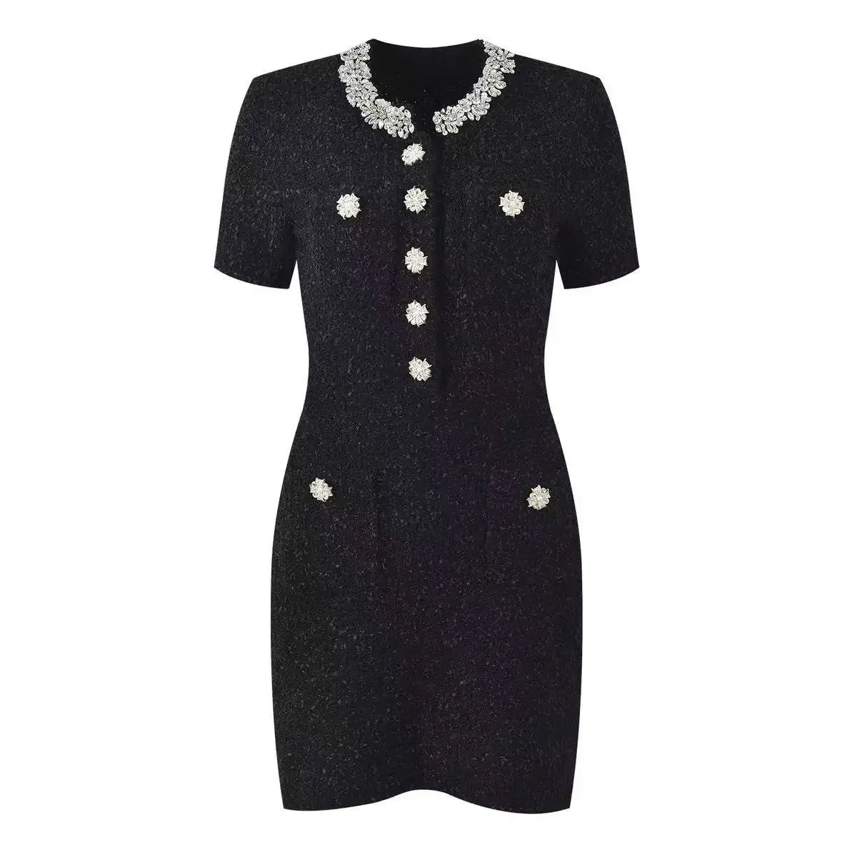 Women's short sleeved round neck diamond studded mini dress