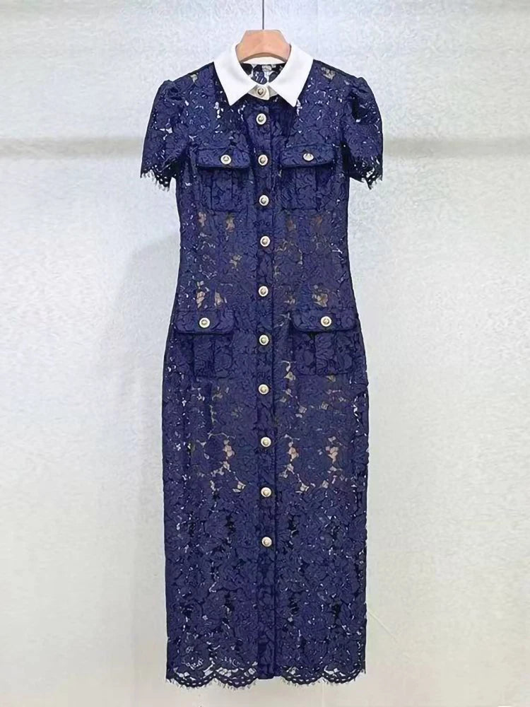 Women's white lapel lace short-sleeved dress