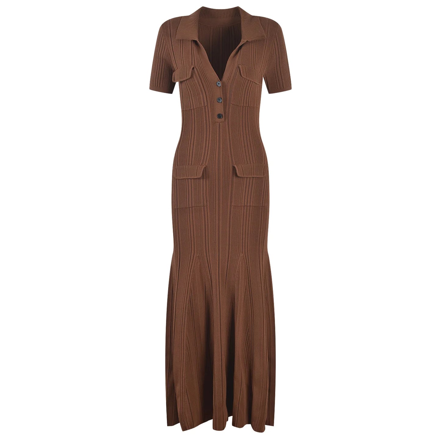 Short Sleeve Maxi Long Brown Knitted Vinatge Women Dress
