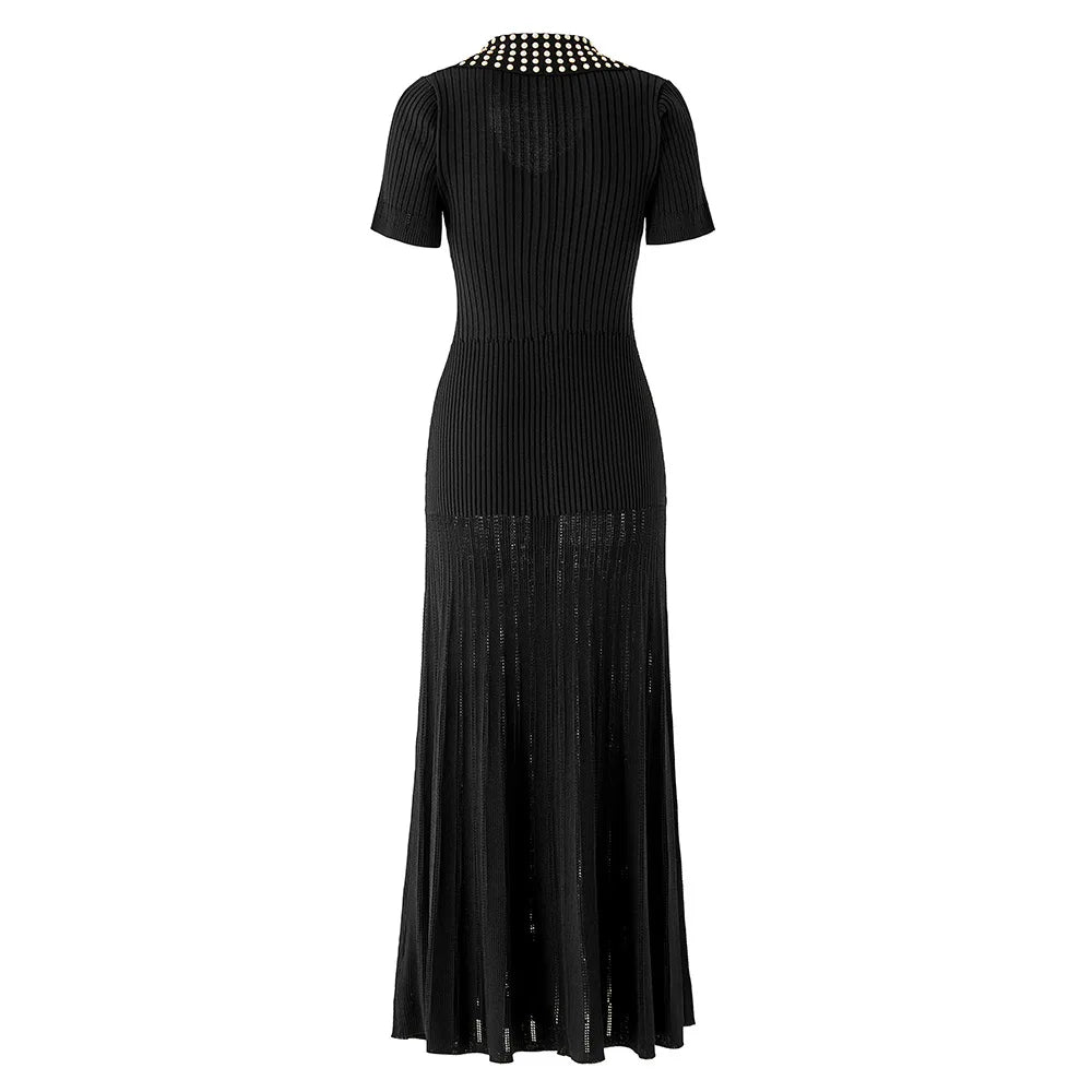 Short Sleeve Women Knit Slim Fitted Flared Hem Maxi Dress