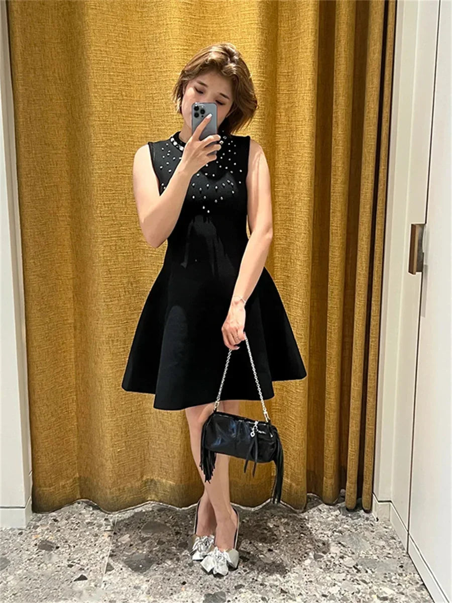 Women Black Diamond O-Neck Mini Dress 2025 Autumn Sleeveless Lady High Waist A-Line Short Robe