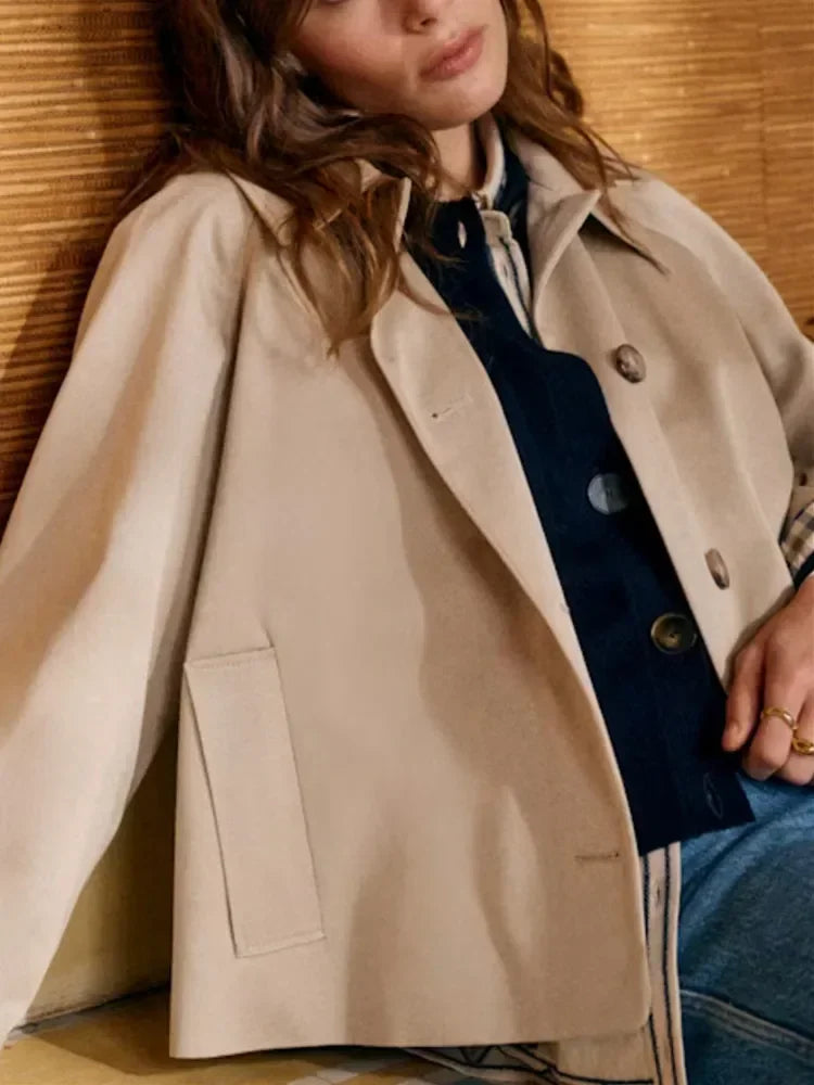 Women's Short Trench Coat Plaid Lining Turn Down Collar Single Breasted Loose Fit Spring 2026 Windbreaker Jacket