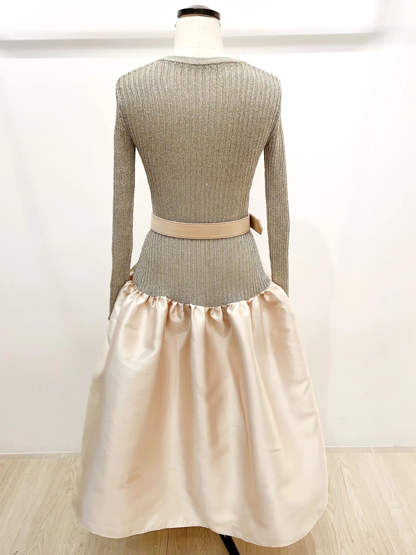 Women's Fitted Patchwork Knit Dress with Belt, Elegant Evening Party Luxury Dress
