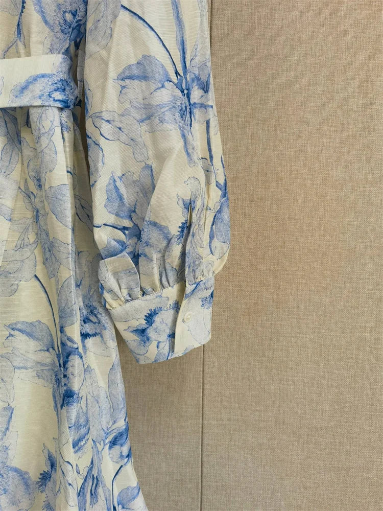 Women Single-Breasted Shirt Dress Blue Print Ladies Mini Dress