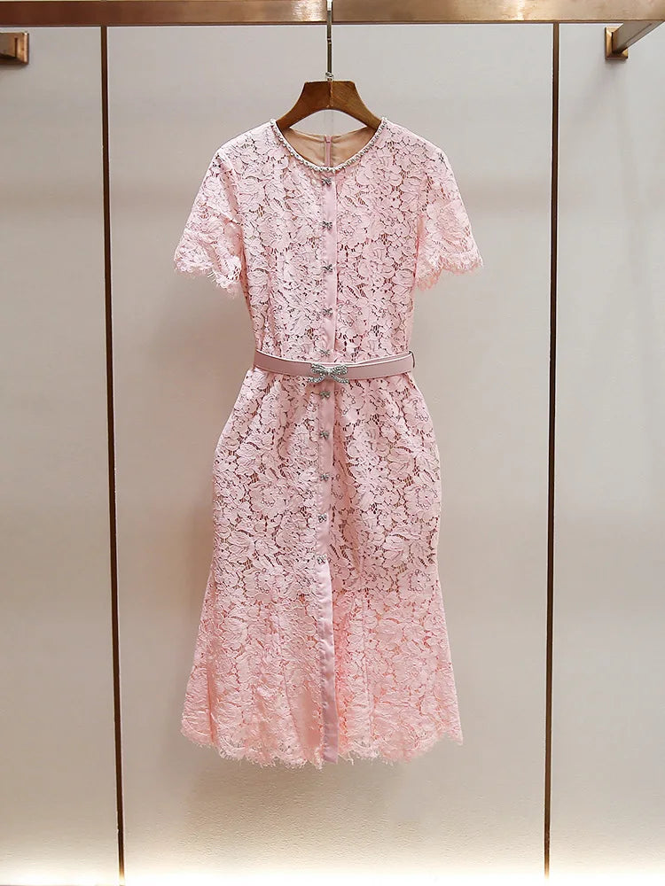 Women's pink lace dress short sleeves bow diamond elegant midi robe