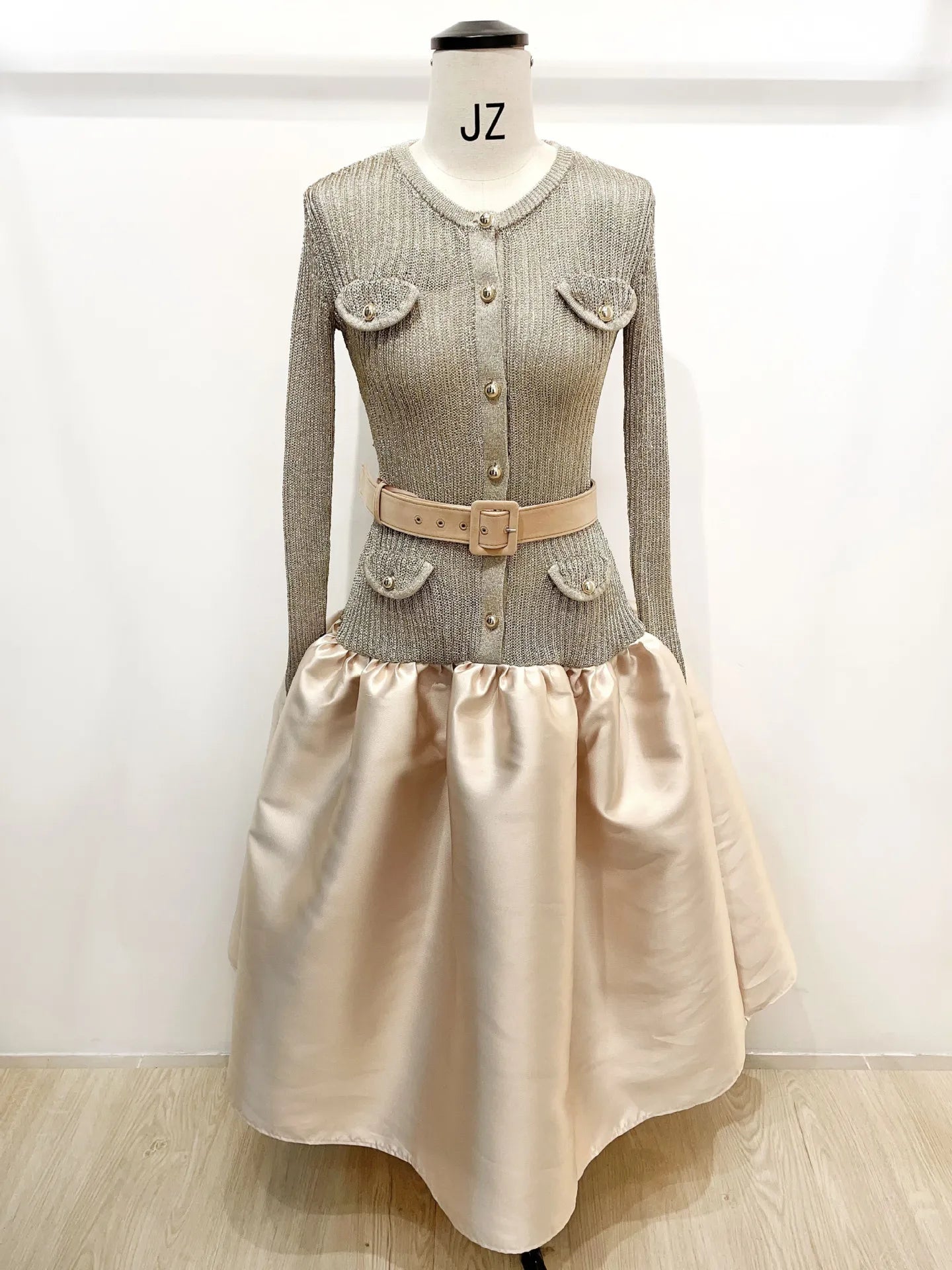 Women's Fitted Patchwork Knit Dress with Belt, Elegant Evening Party Luxury Dress