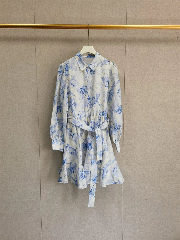 Women Single-Breasted Shirt Dress Blue Print Ladies Mini Dress