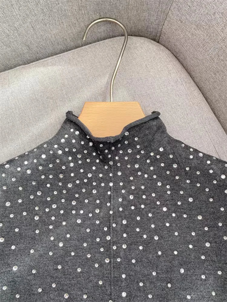 Women's gray diamond inlaid elegant slim fit dress