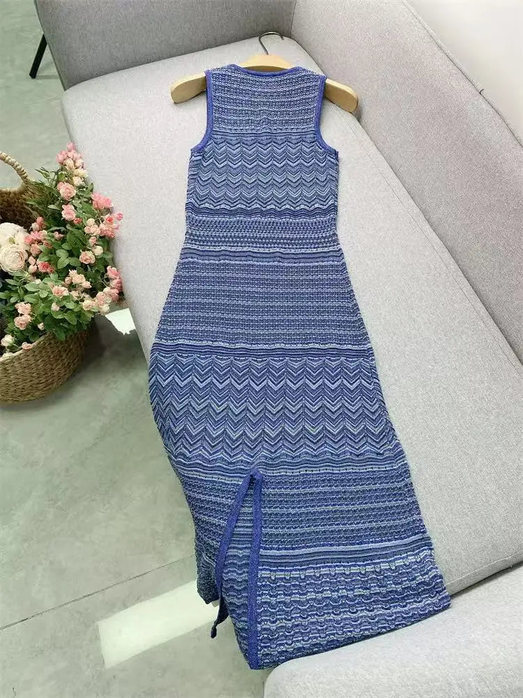 Summer  Women Hollow Out Sleeveless O-Neck Slim Midi Robe