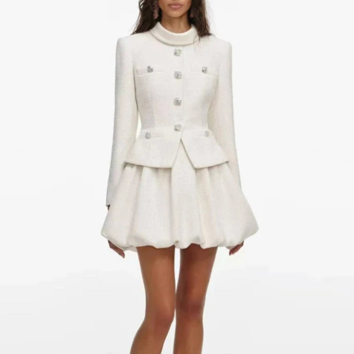 2026 Elegant Diamond Buttons Stand Collar Long Sleeved Flower Bud Short Robe Female Vintage Style