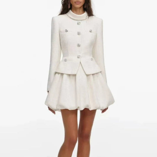 2026 Elegant Diamond Buttons Stand Collar Long Sleeved Flower Bud Short Robe Female Vintage Style