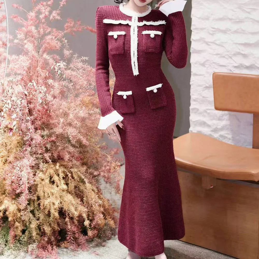 2025 Burgundy Knitted Slim Fit Long-Sleeved Women's Dress, Round Neck, Elegant Chic Woman Evening Dress